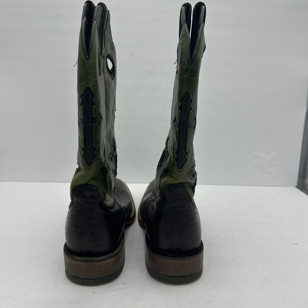 Ariat Mens Ranchero Cowboy Boots Sz 9.5D Green Brown Cross Overlay Square Toe - Picture 5 of 7
